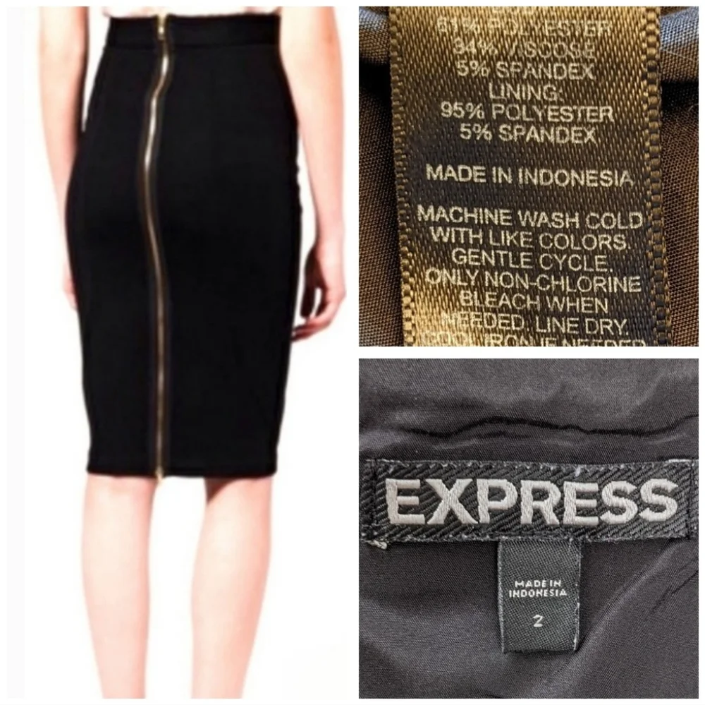 Express Pencil Skirt Bodycon Stretchy Exposed Double Back Zipper Black size 2